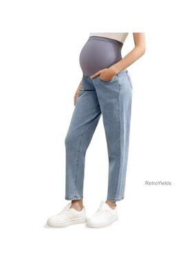 Maternity Over Belly Stretch Boyfriend Jeans Loose Pregnancy Pants Pockets